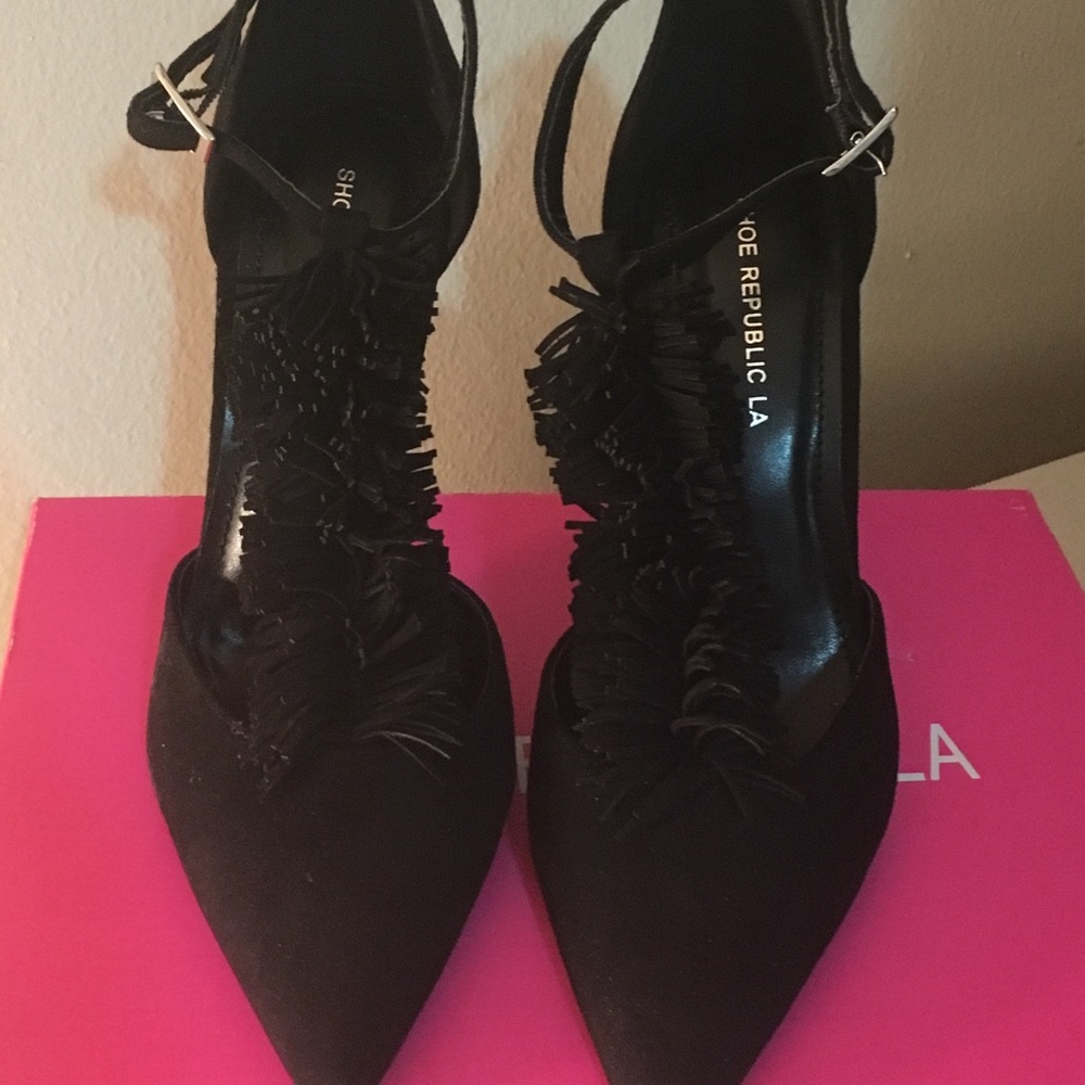 Black Faux Suede Fringe Detailed T Strap Heels